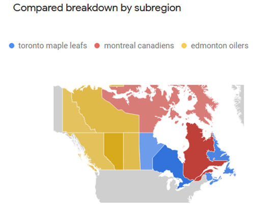 Map of Popularity between Edmonton Oilers, Toronto Maple Leafs and Montreal Canadiens